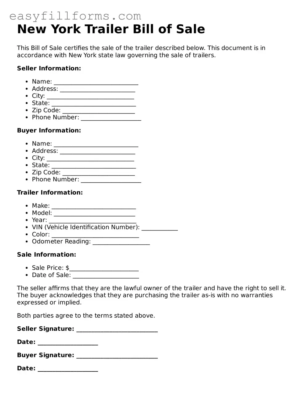 Valid  Trailer Bill of Sale Template for New York