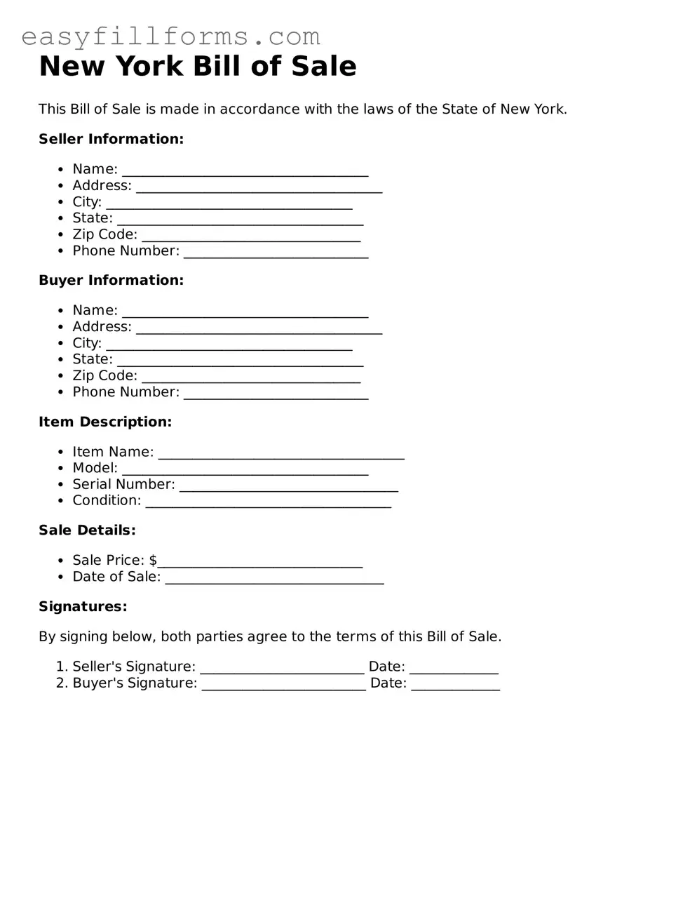 Valid  Bill of Sale Template for New York