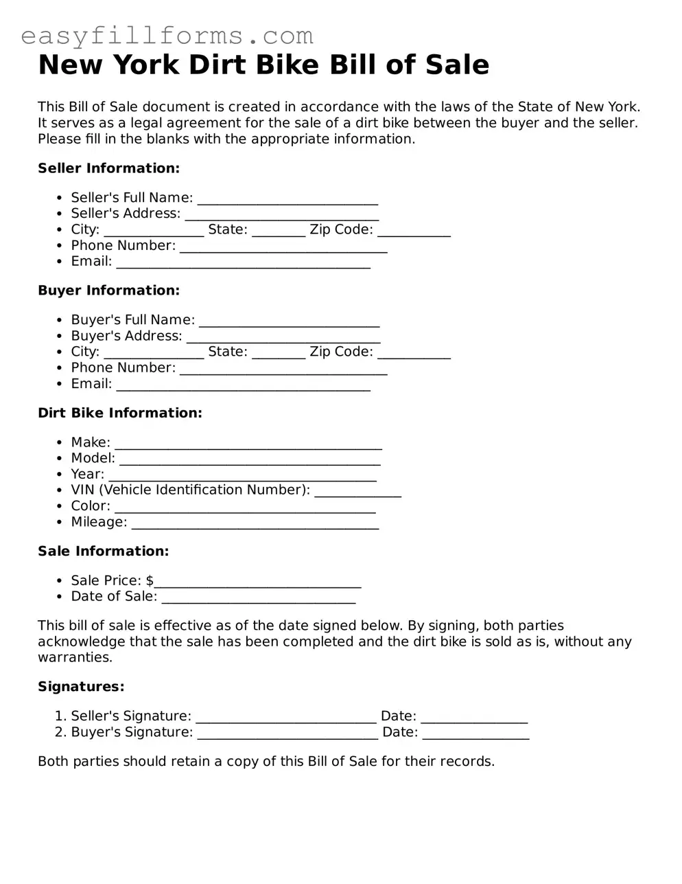 Valid  Dirt Bike Bill of Sale Template for New York