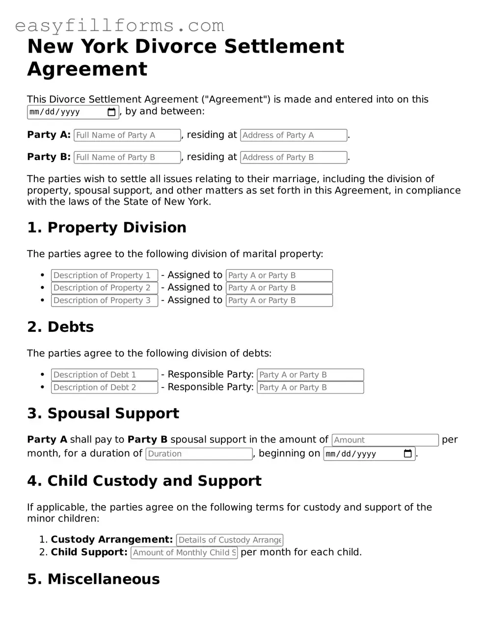 Valid  Divorce Settlement Agreement Template for New York
