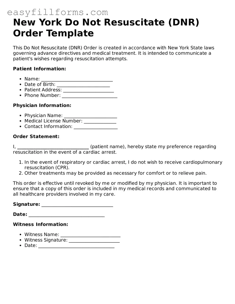 Valid  Do Not Resuscitate Order Template for New York