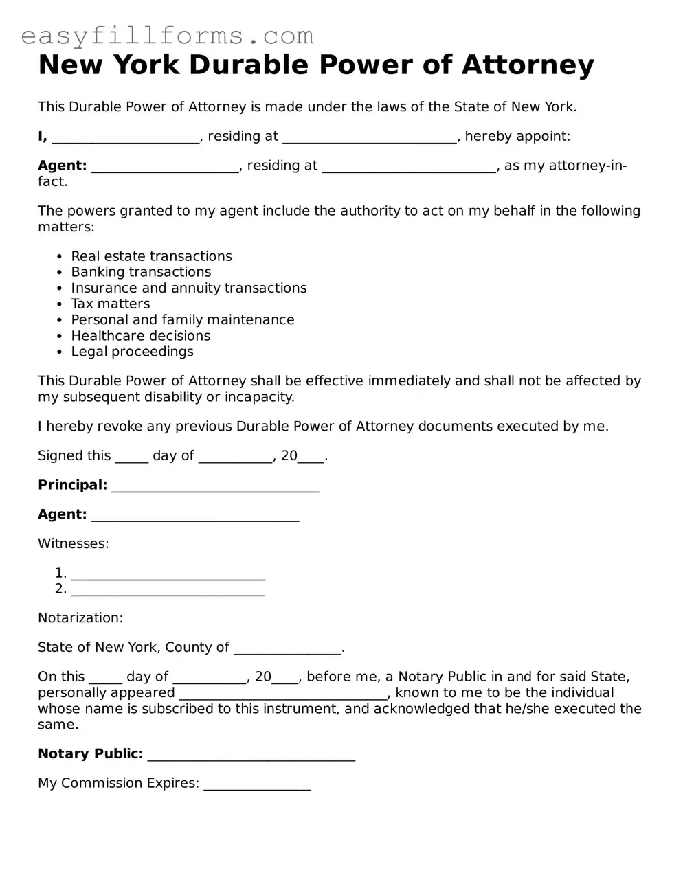 Valid  Durable Power of Attorney Template for New York