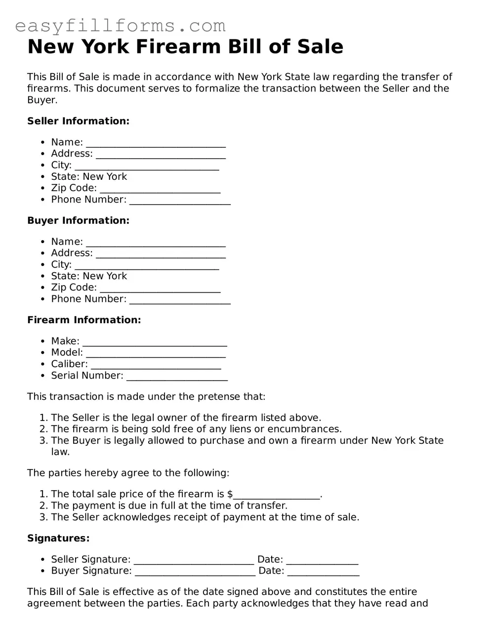 Valid  Firearm Bill of Sale Template for New York