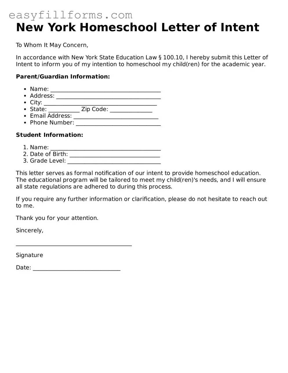Valid  Homeschool Letter of Intent Template for New York
