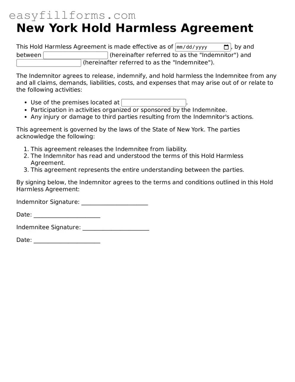 Valid  Hold Harmless Agreement Template for New York