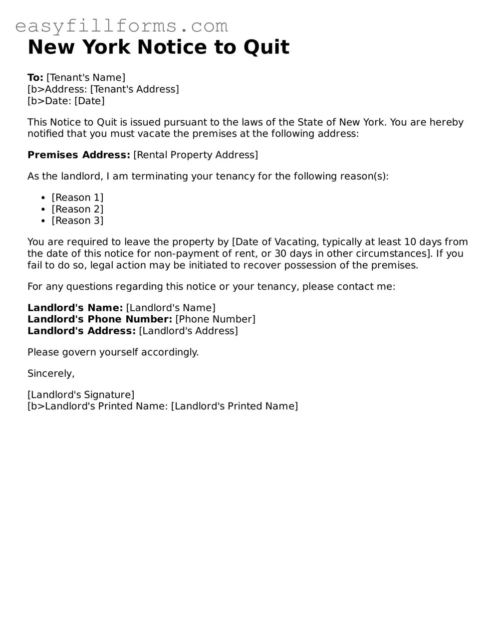 Valid  Notice to Quit Template for New York