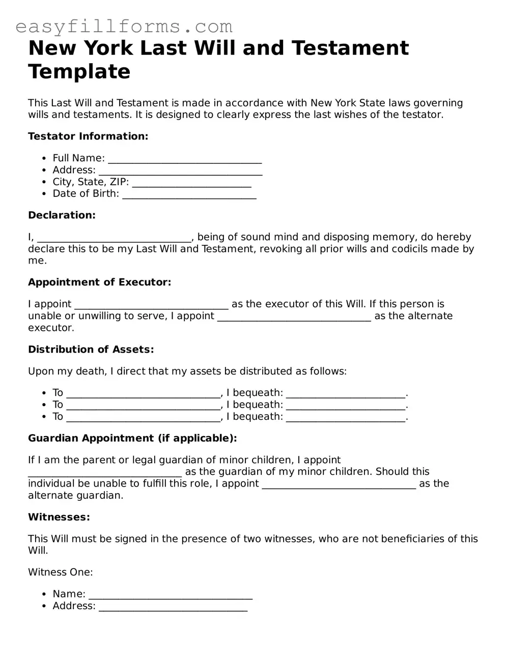 Valid  Last Will and Testament Template for New York
