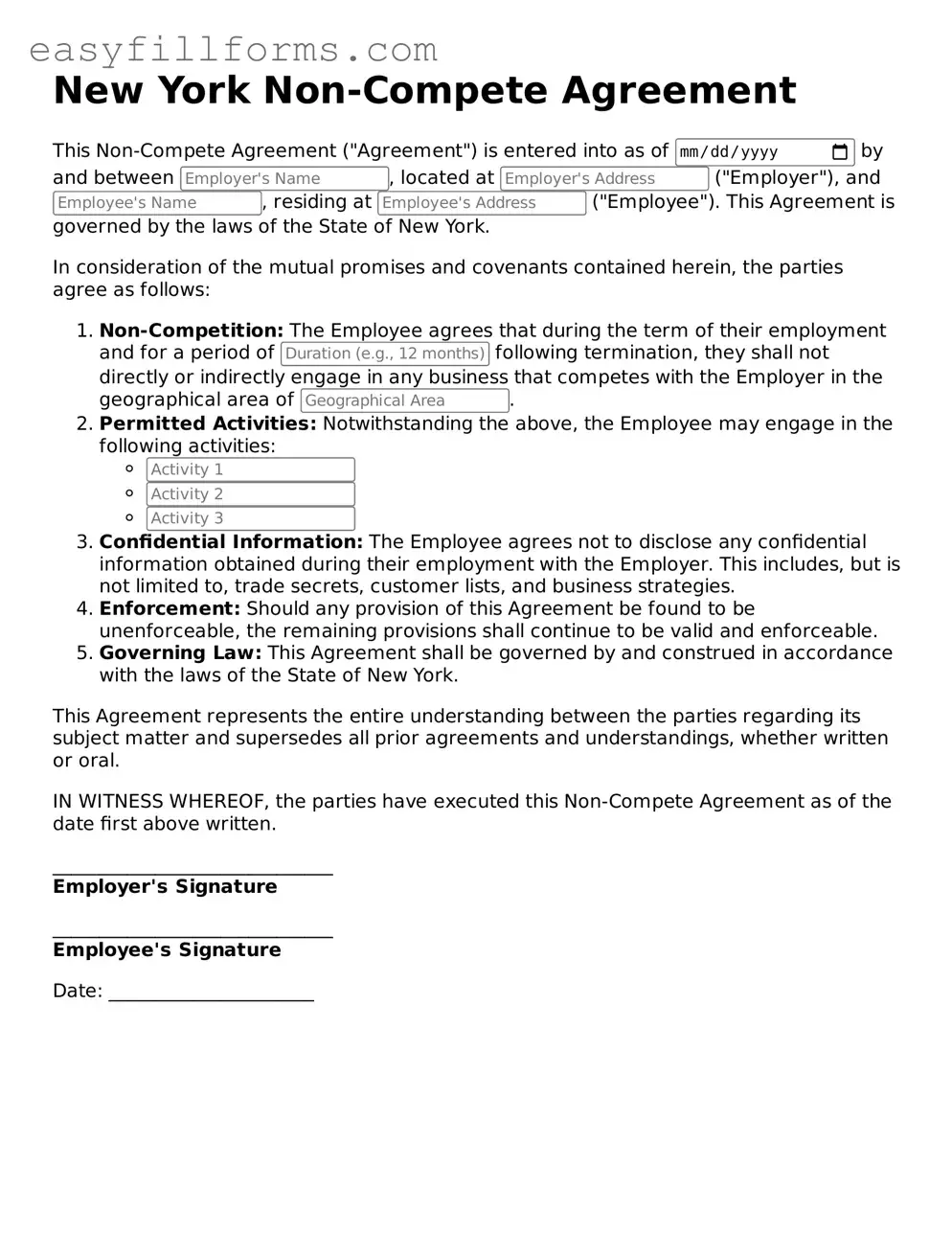 Valid  Non-compete Agreement Template for New York
