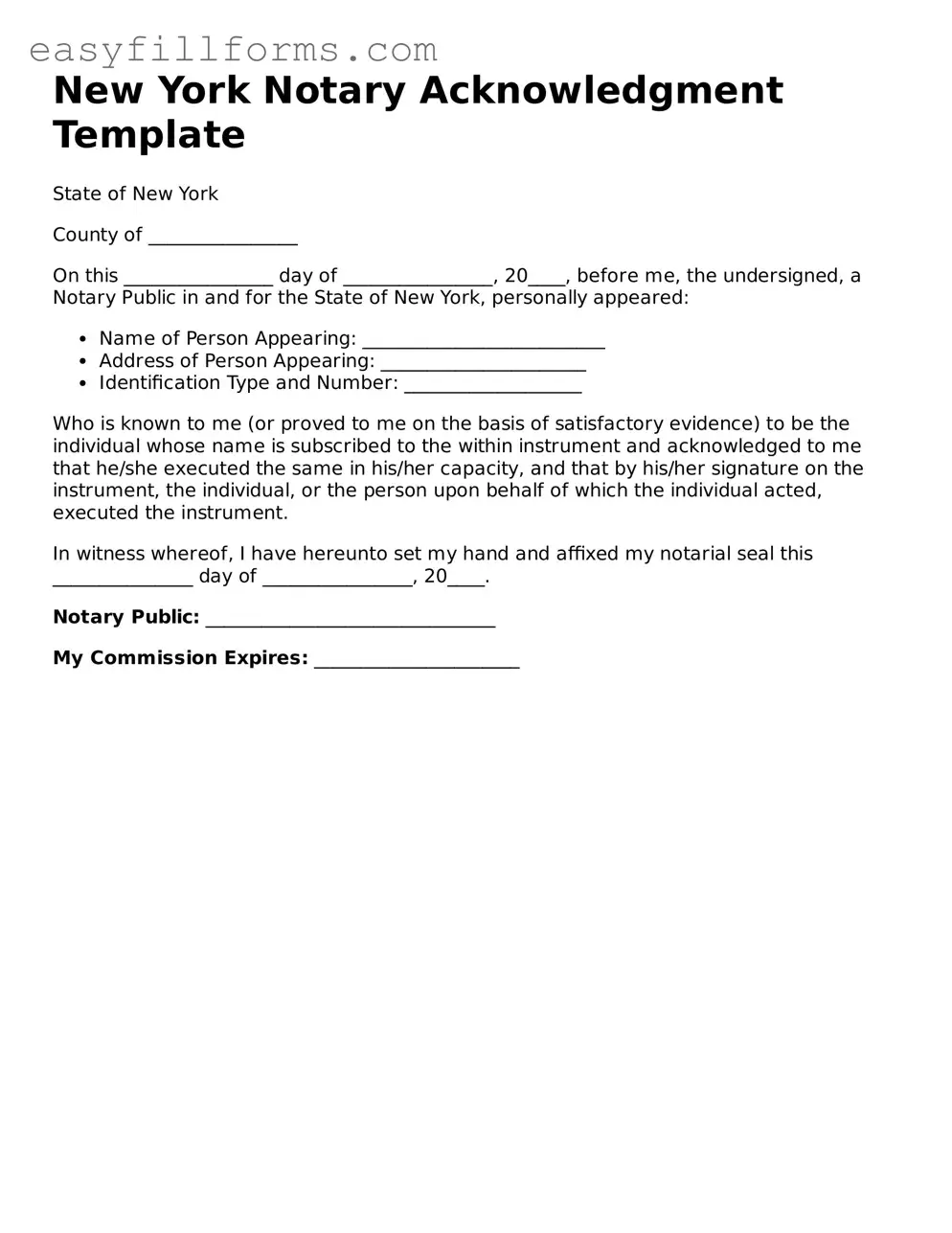 Valid  Notary Acknowledgement Template for New York