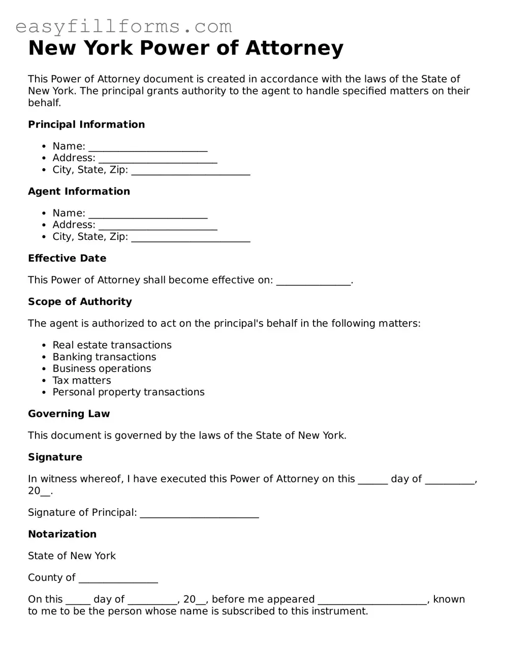 Valid  Power of Attorney Template for New York