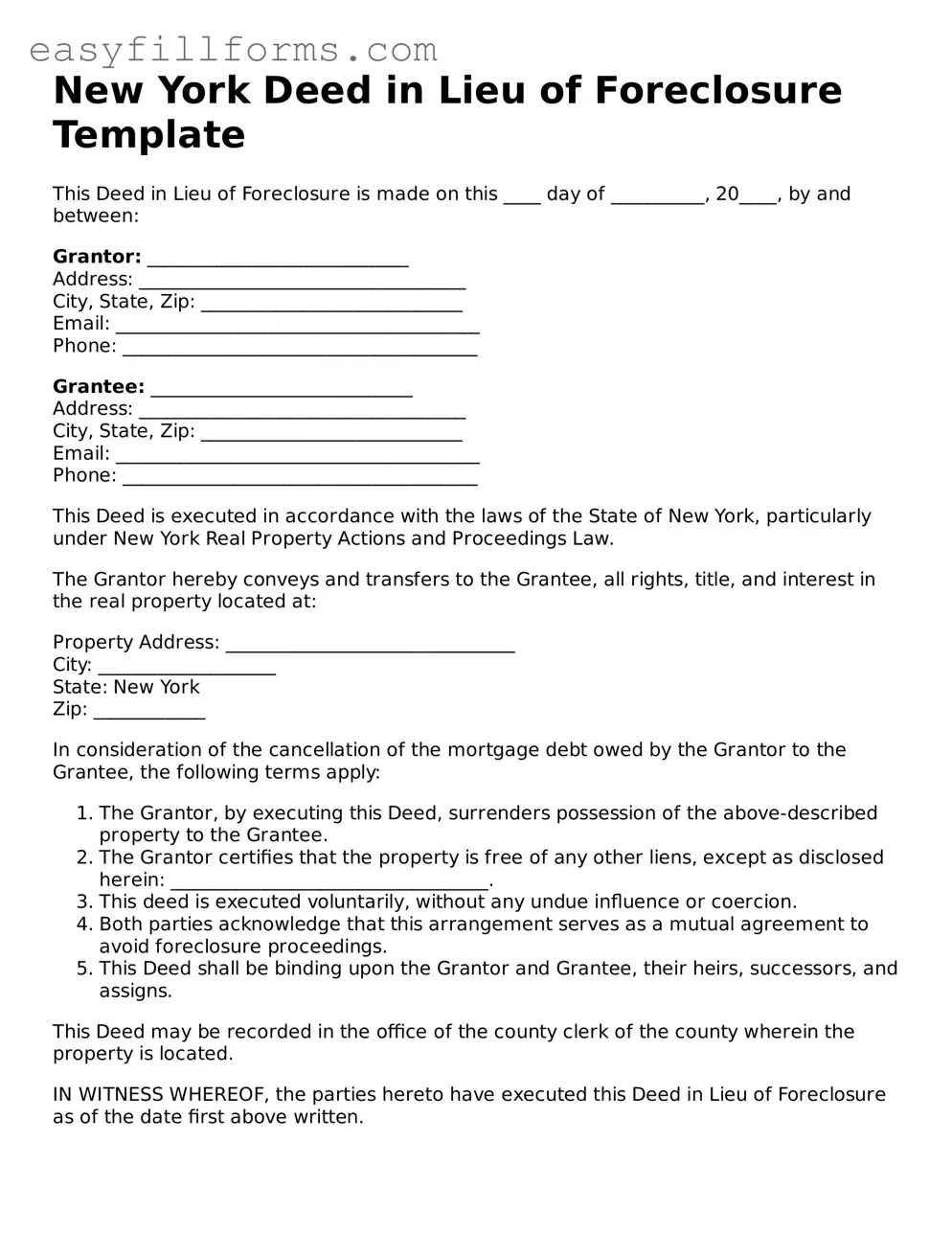 Valid  Deed in Lieu of Foreclosure Template for New York