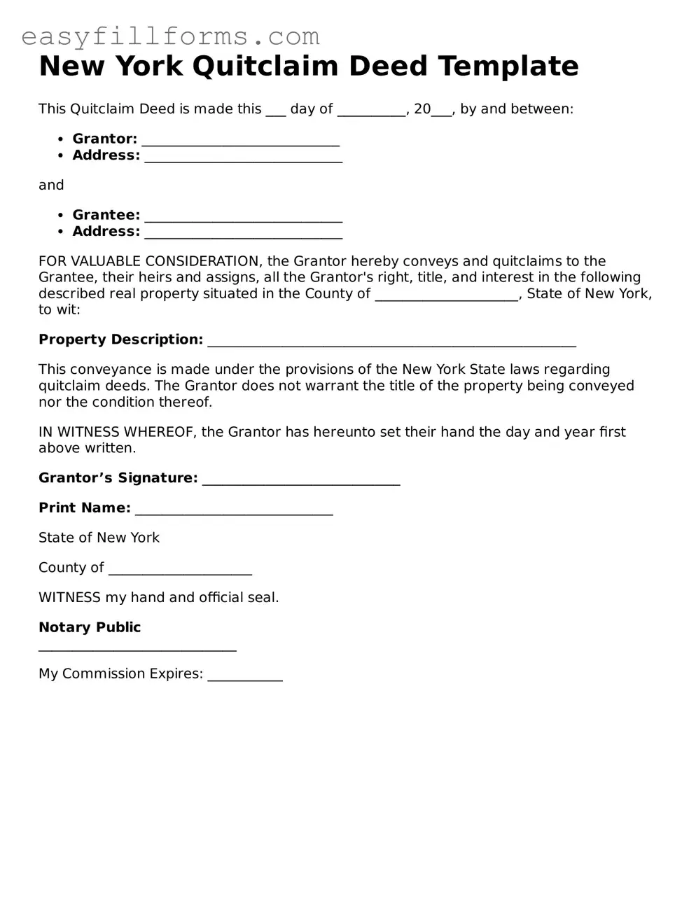 Valid  Quitclaim Deed Template for New York