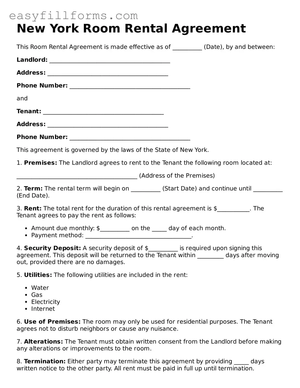 Valid  Room Rental Agreement Template for New York