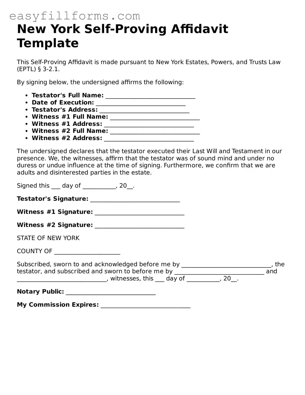 Valid  Self-Proving Affidavit Template for New York