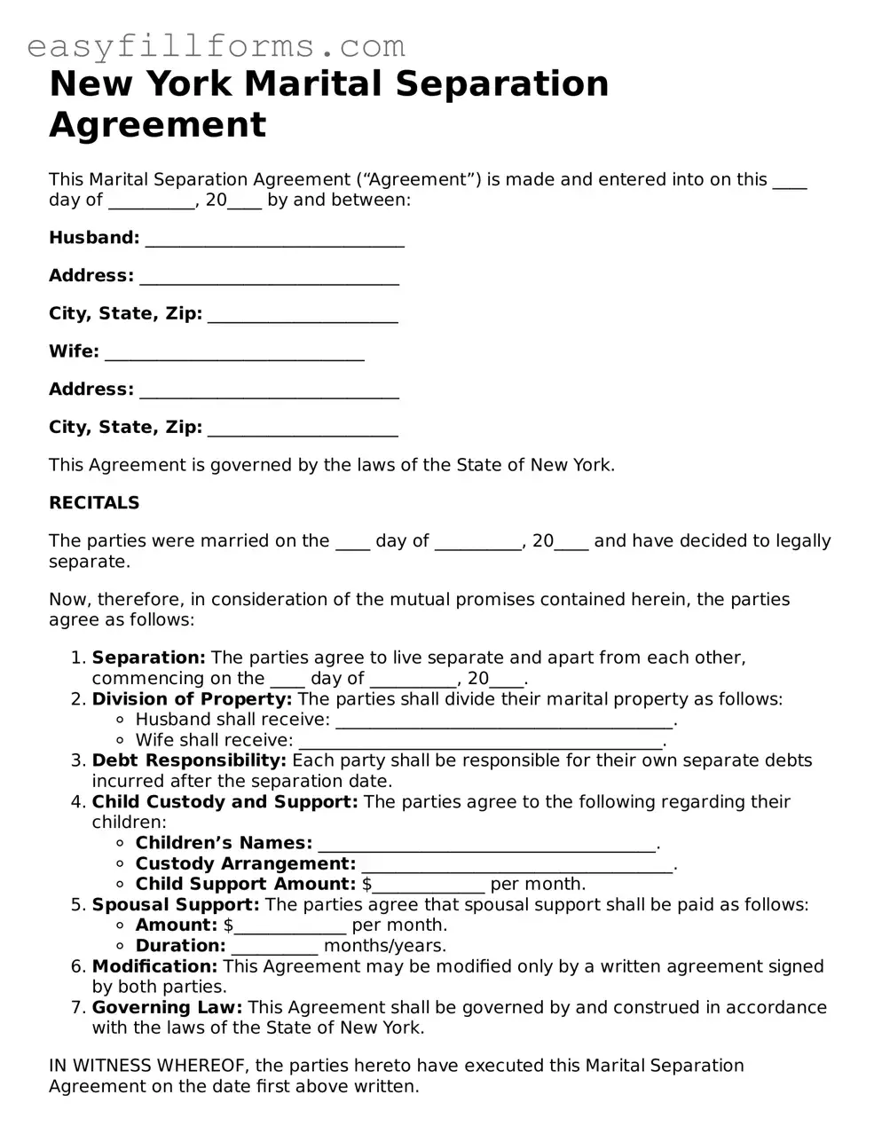 Valid  Marital Separation Agreement Template for New York