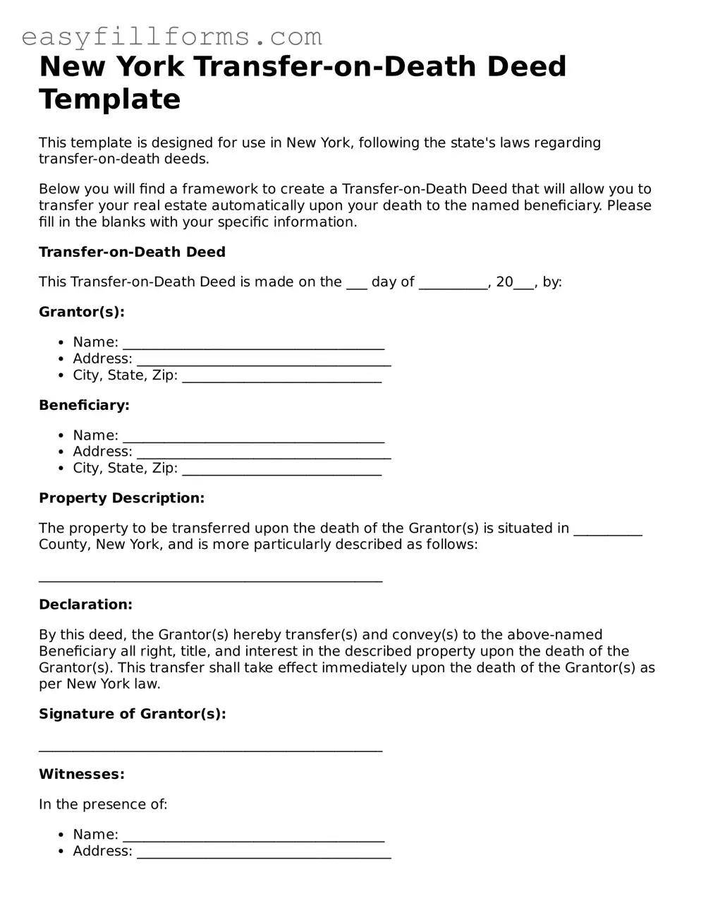 Valid  Transfer-on-Death Deed Template for New York