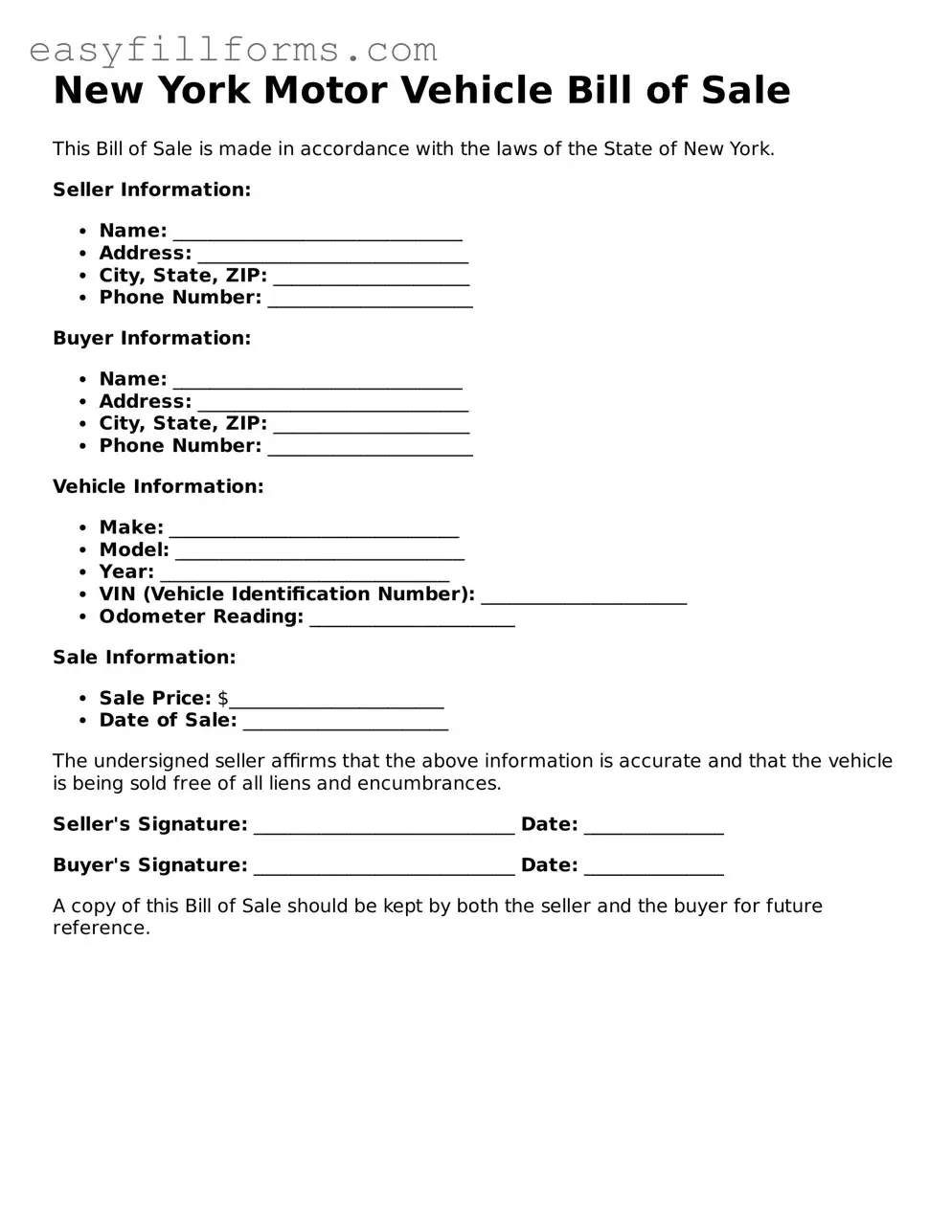 Valid  Motor Vehicle Bill of Sale Template for New York