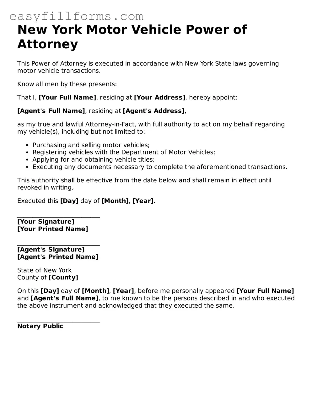 Valid  Motor Vehicle Power of Attorney Template for New York