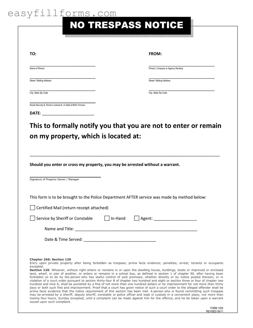 Printable No Trespassing Letter Form