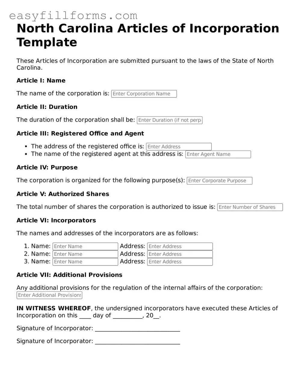 Valid  Articles of Incorporation Template for North Carolina