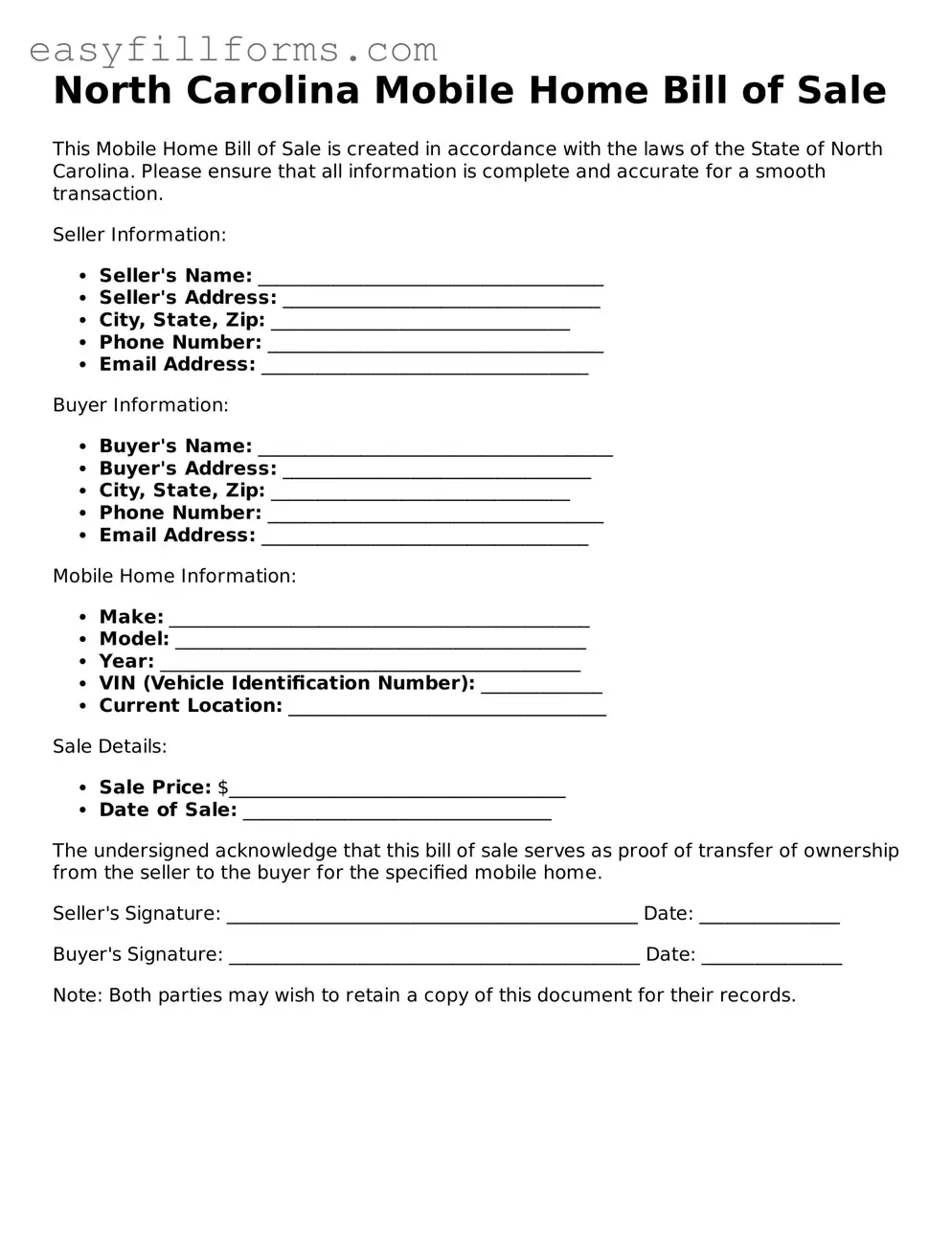 Valid  Mobile Home Bill of Sale Template for North Carolina