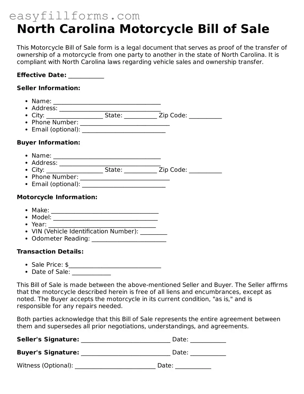 Valid  Motorcycle Bill of Sale Template for North Carolina