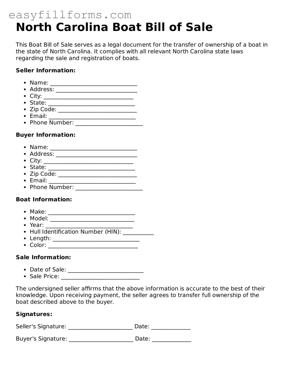 Valid  Boat Bill of Sale Template for North Carolina
