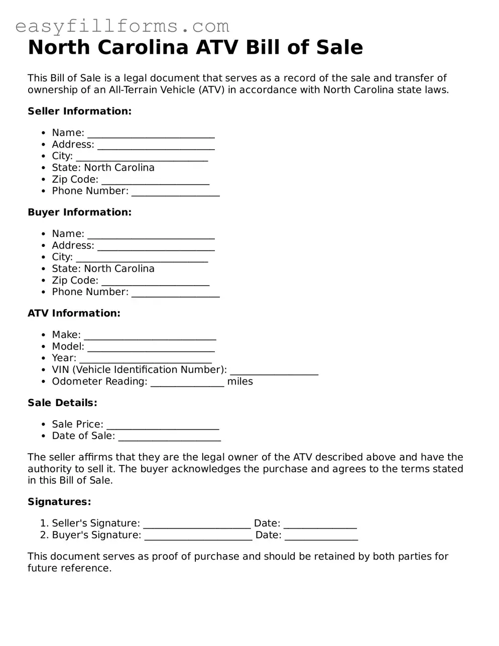 Valid  ATV Bill of Sale Template for North Carolina