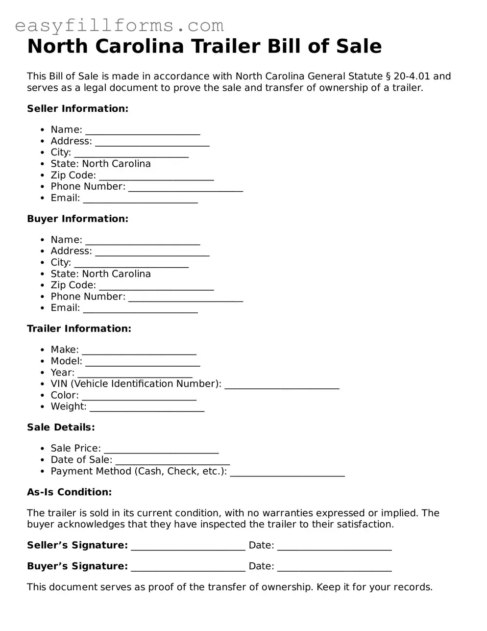 Valid  Trailer Bill of Sale Template for North Carolina
