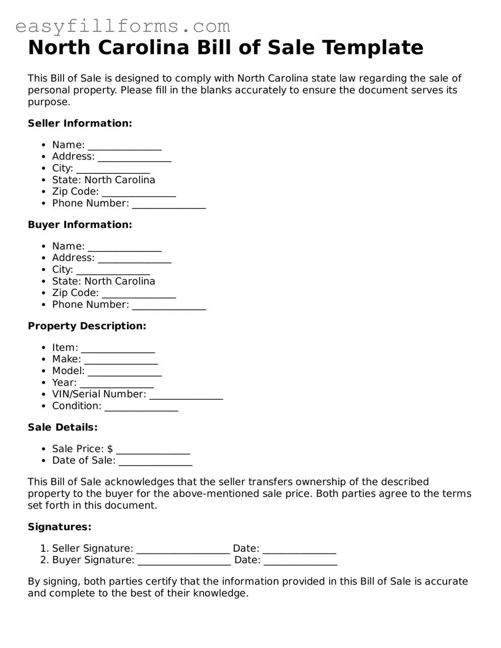 Valid  Bill of Sale Template for North Carolina