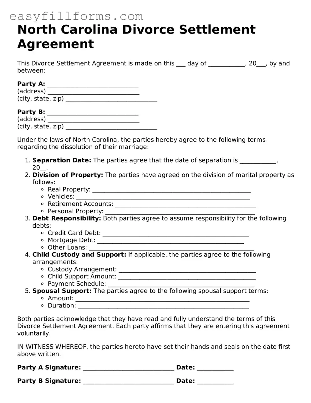 Valid  Divorce Settlement Agreement Template for North Carolina
