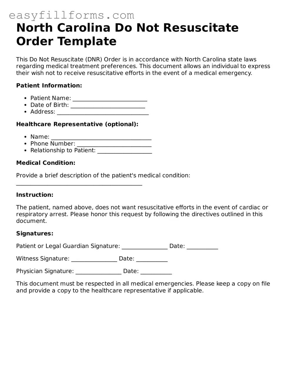 Valid  Do Not Resuscitate Order Template for North Carolina