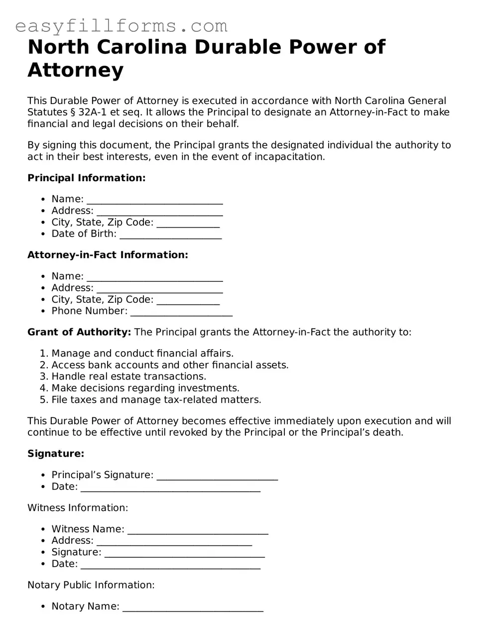Valid  Durable Power of Attorney Template for North Carolina