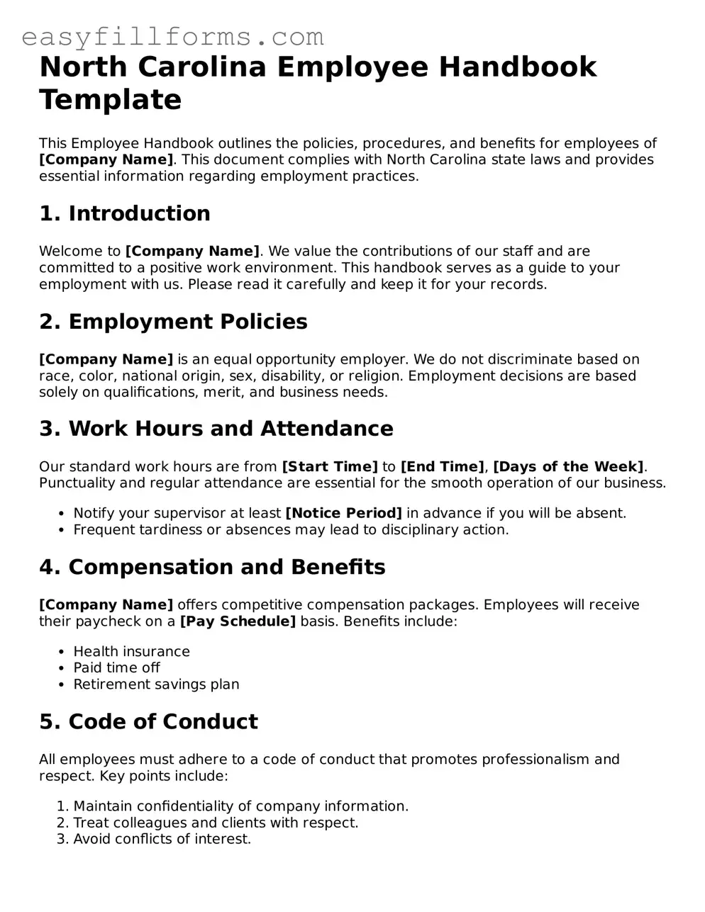Valid  Employee Handbook Template for North Carolina
