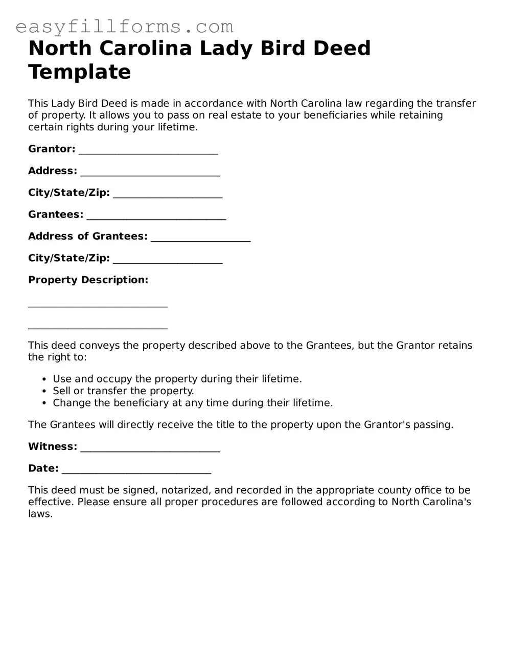Valid  Lady Bird Deed Template for North Carolina