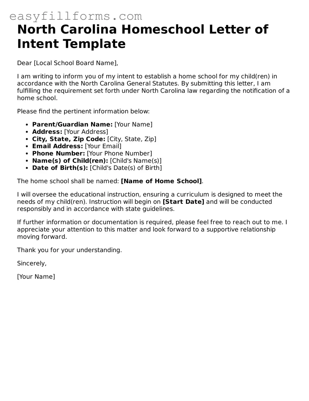 Valid  Homeschool Letter of Intent Template for North Carolina