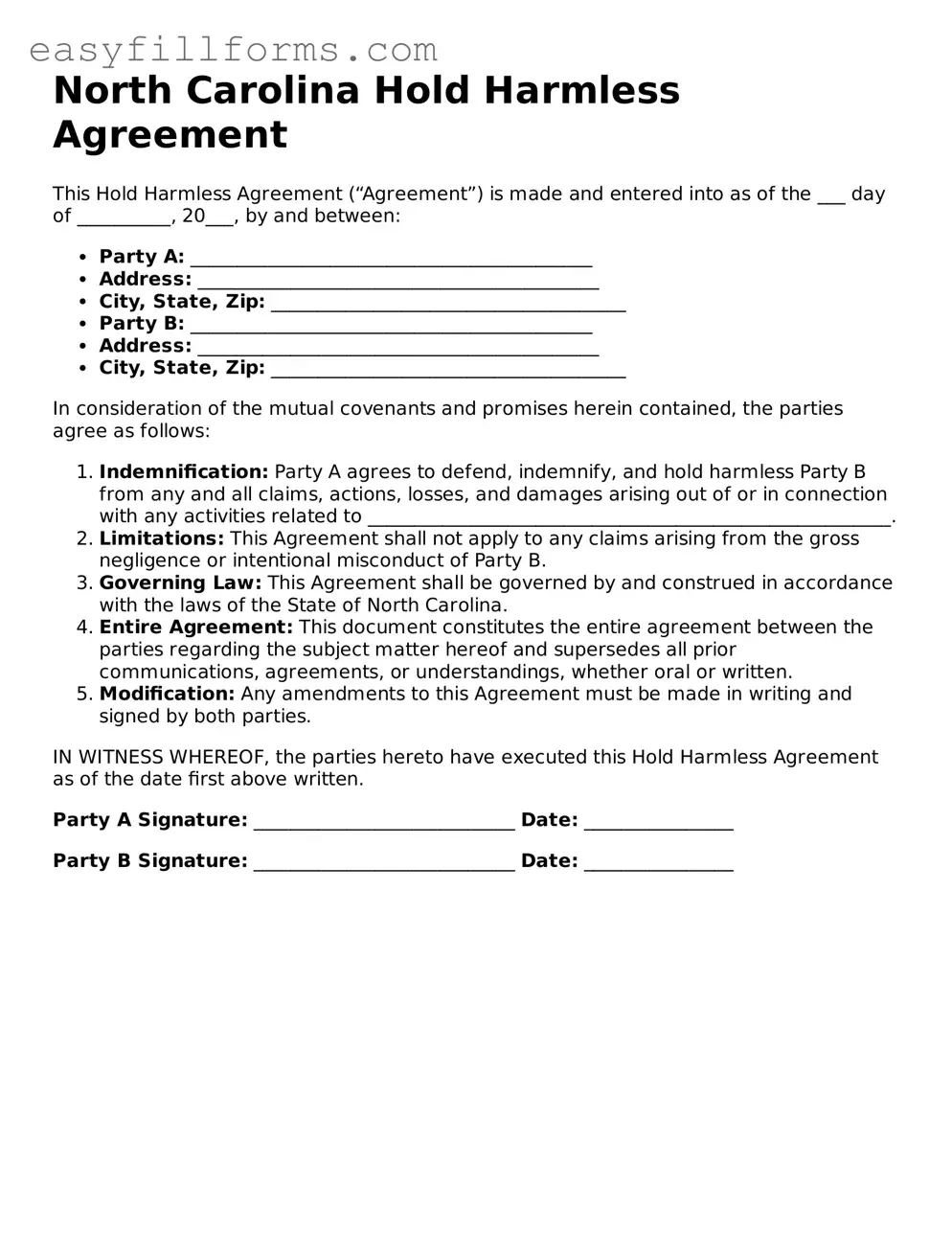 Valid  Hold Harmless Agreement Template for North Carolina