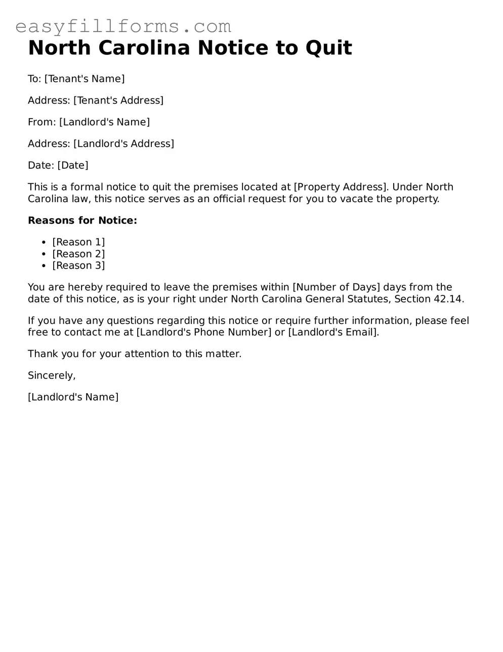Valid  Notice to Quit Template for North Carolina