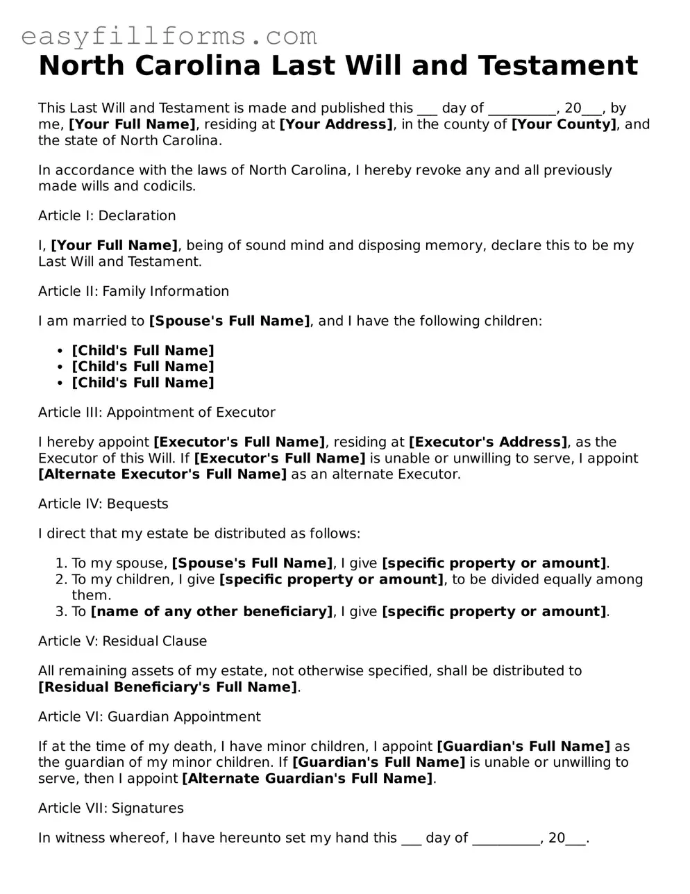 Valid  Last Will and Testament Template for North Carolina
