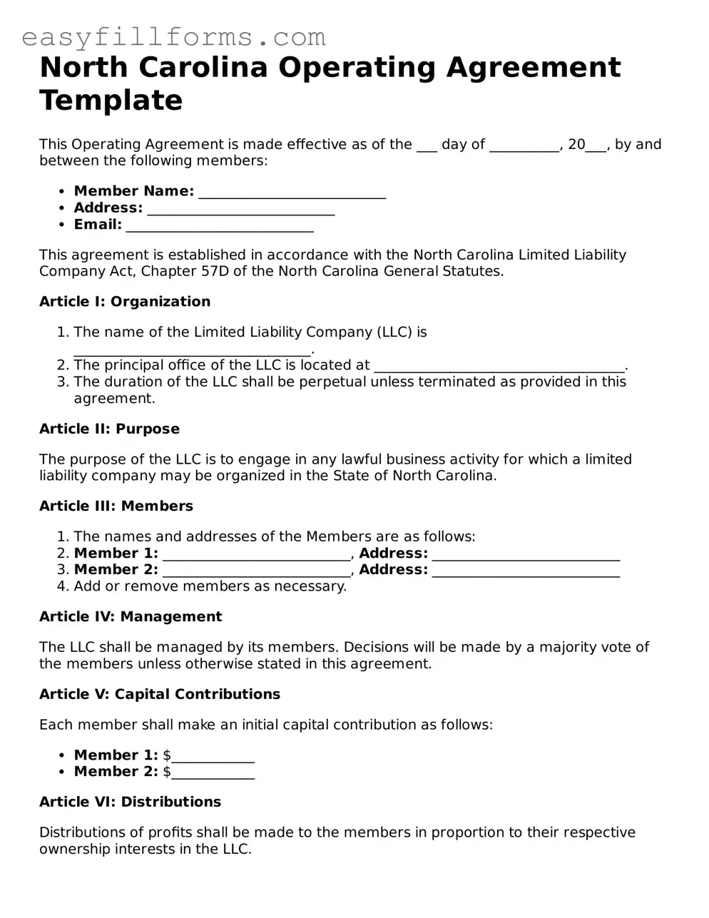 Valid  Operating Agreement Template for North Carolina