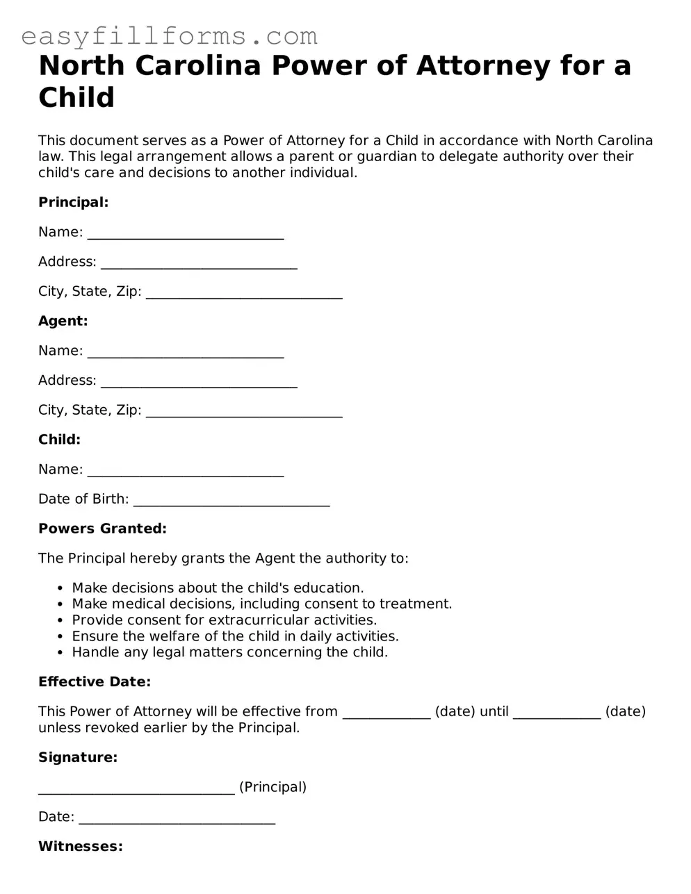 Valid  Power of Attorney for a Child Template for North Carolina