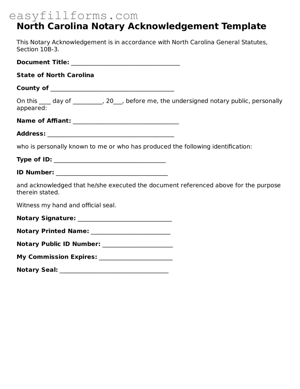 Valid  Notary Acknowledgement Template for North Carolina