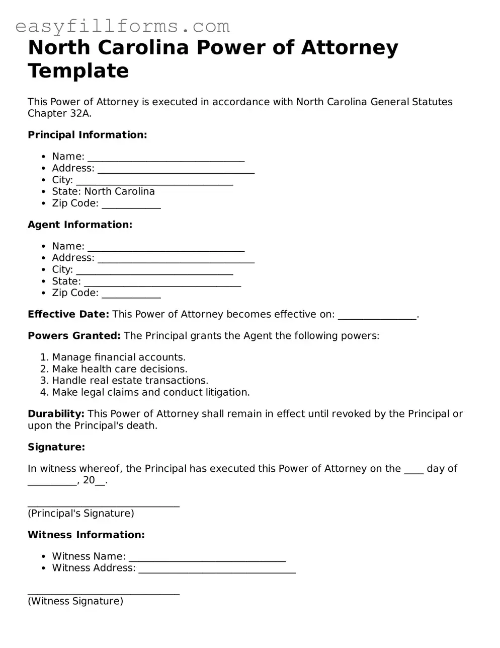 Valid  Power of Attorney Template for North Carolina