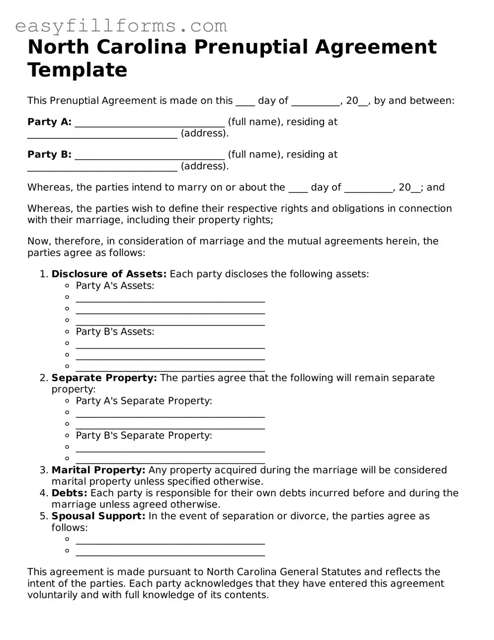 Valid  Prenuptial Agreement Template for North Carolina