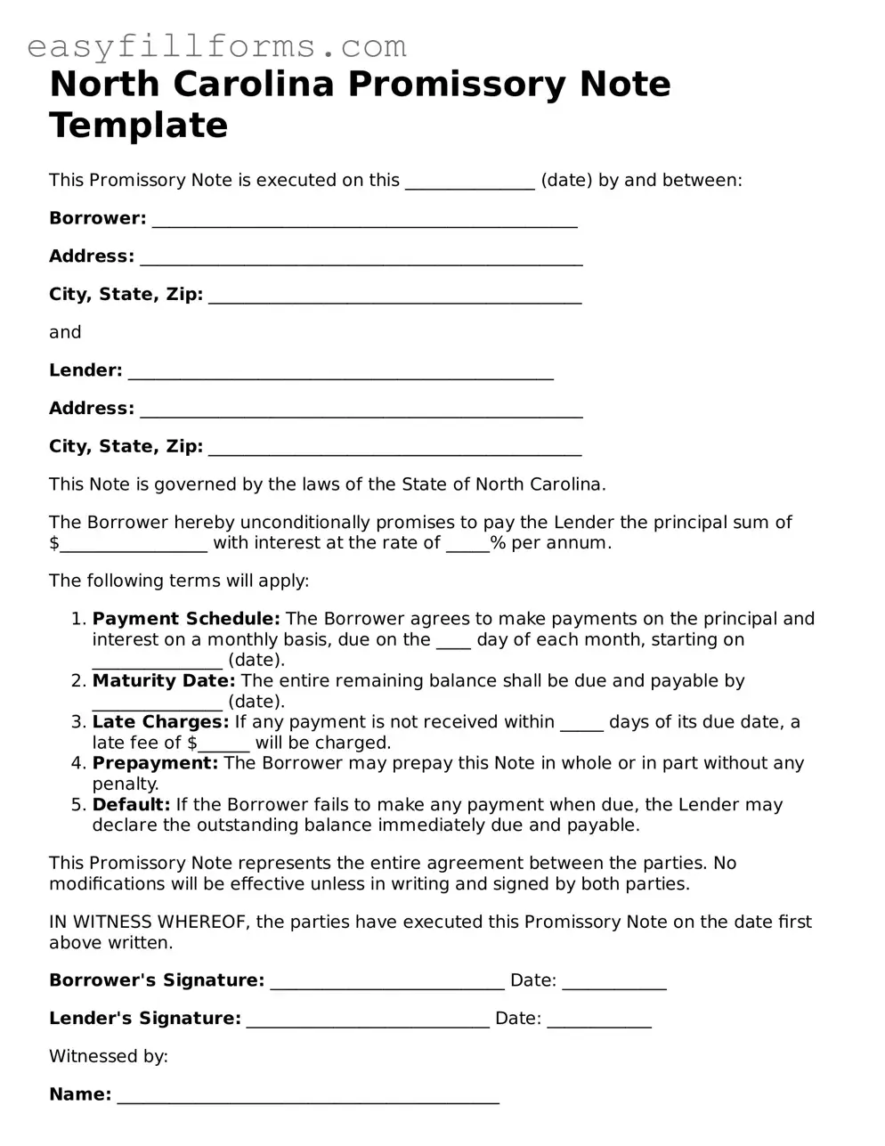 Valid  Promissory Note Template for North Carolina