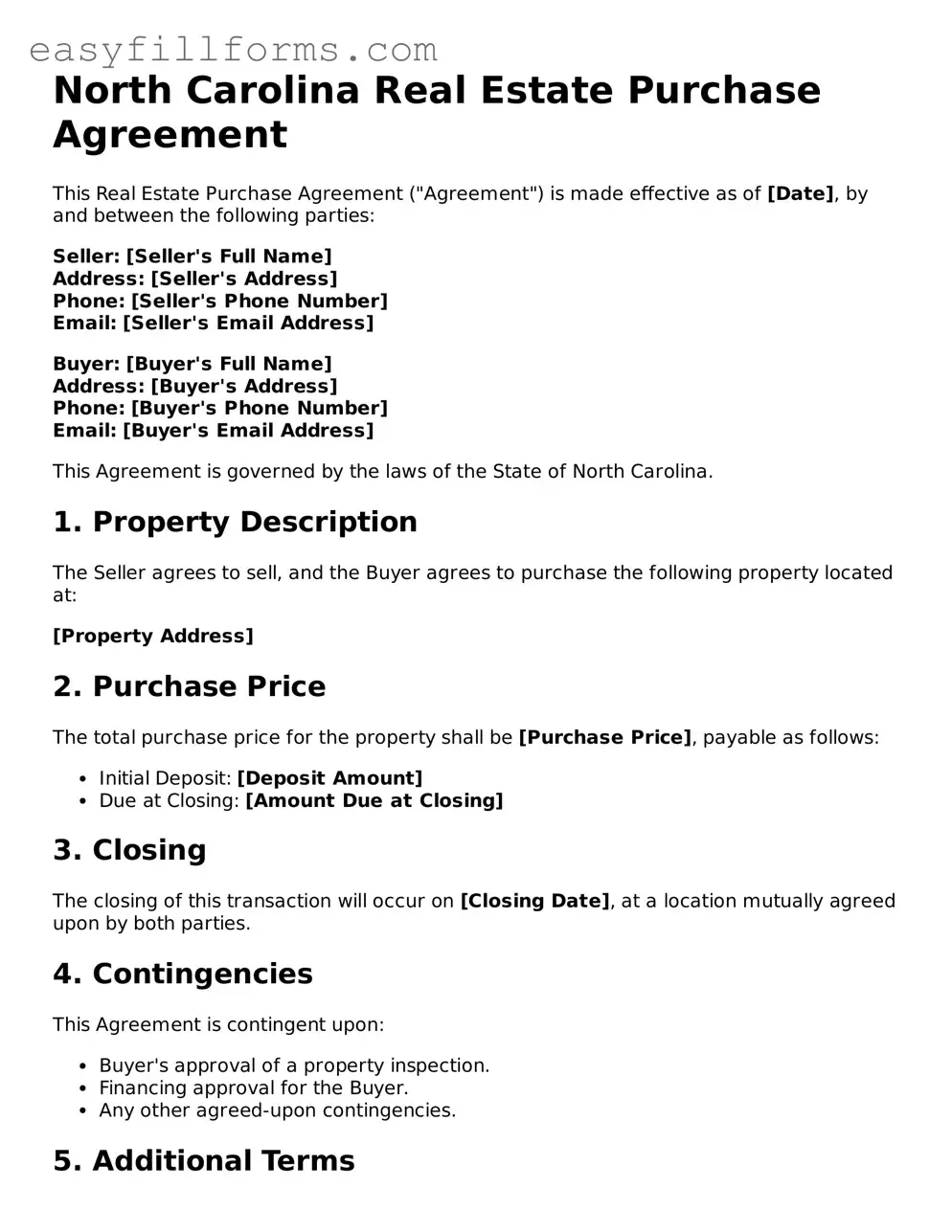 Valid  Real Estate Purchase Agreement Template for North Carolina