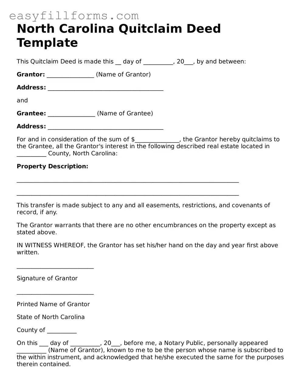 Valid  Quitclaim Deed Template for North Carolina
