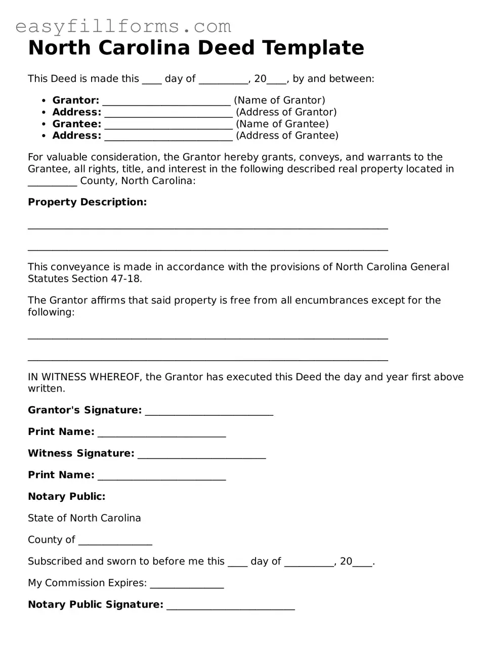 Valid  Deed Template for North Carolina