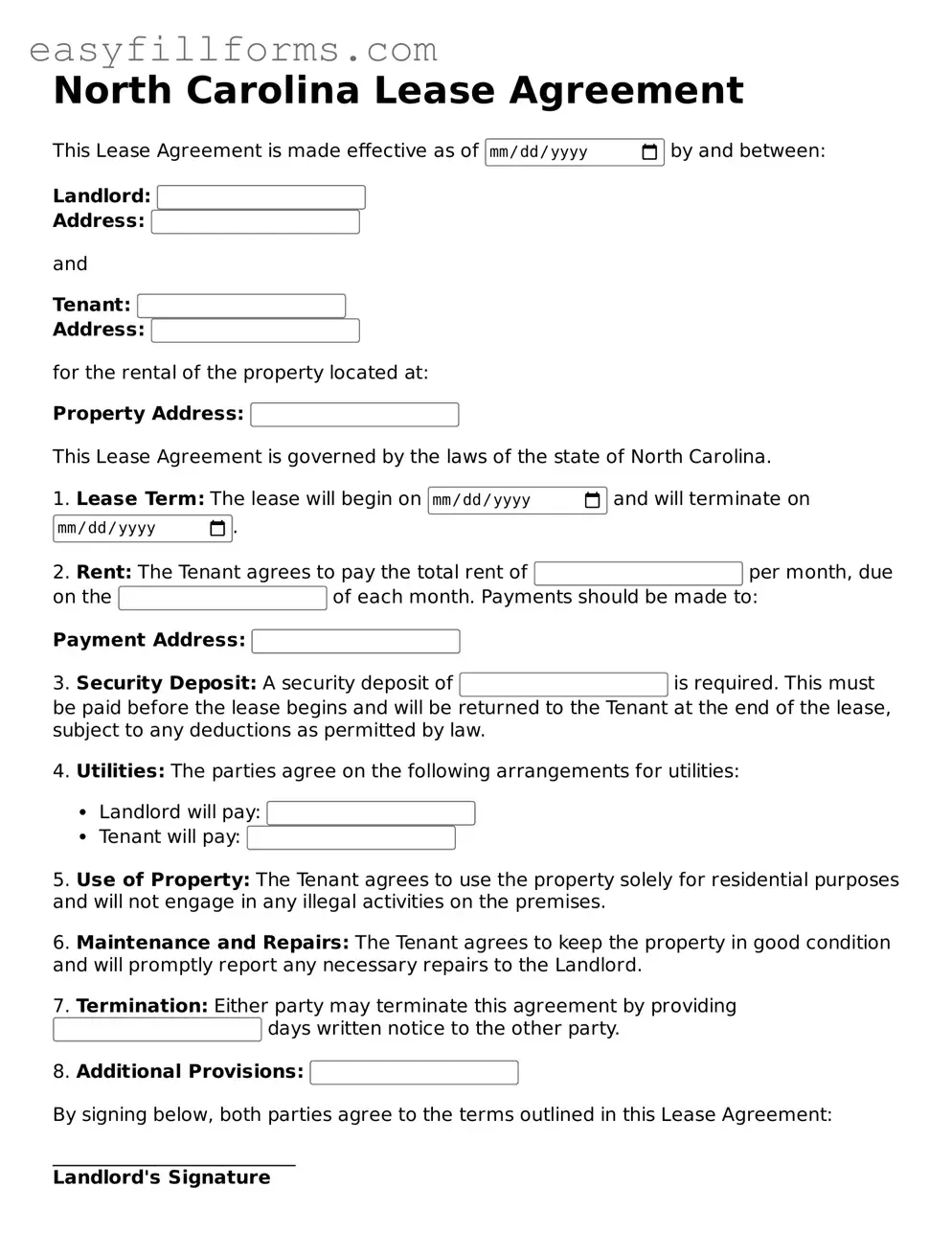 Valid  Lease Agreement Template for North Carolina