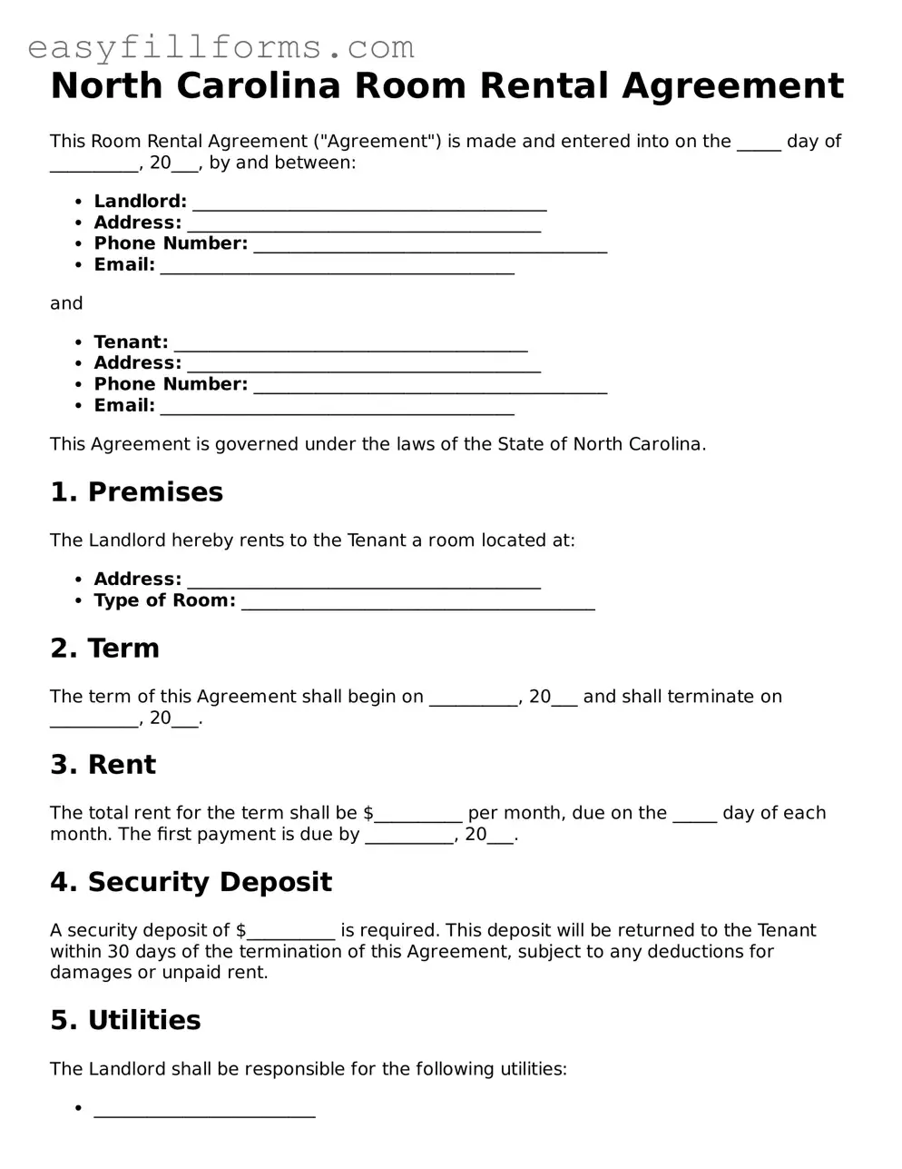 Valid  Room Rental Agreement Template for North Carolina